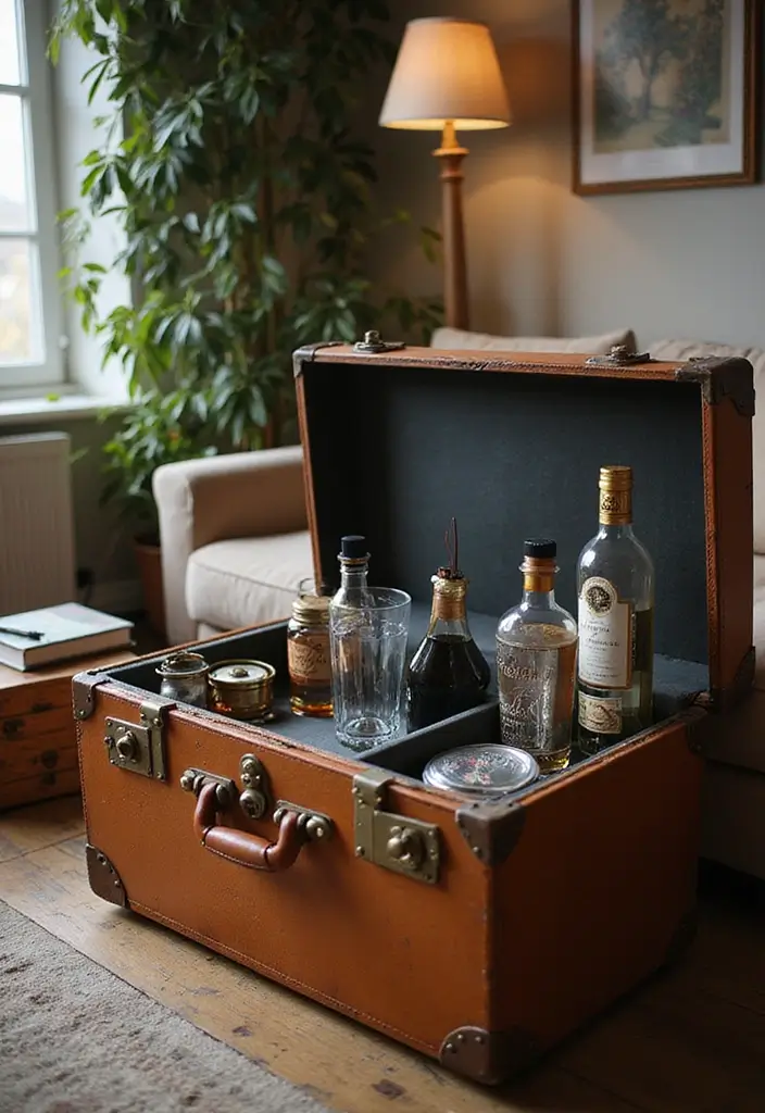 28 Mini Bar Ideas for Small Space Living Rooms That Feel Functional and Fun - 5. Vintage Suitcase Bar