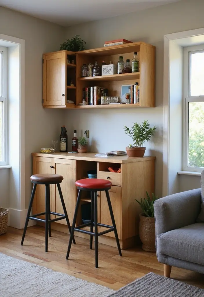28 Mini Bar Ideas for Small Space Living Rooms That Feel Functional and Fun - 7. Bar Stools with Storage