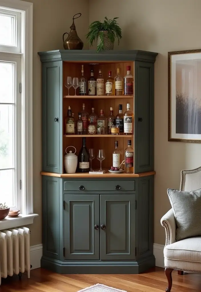 28 Mini Bar Ideas for Small Space Living Rooms That Feel Functional and Fun - 8. Corner Cabinet Mini Bar