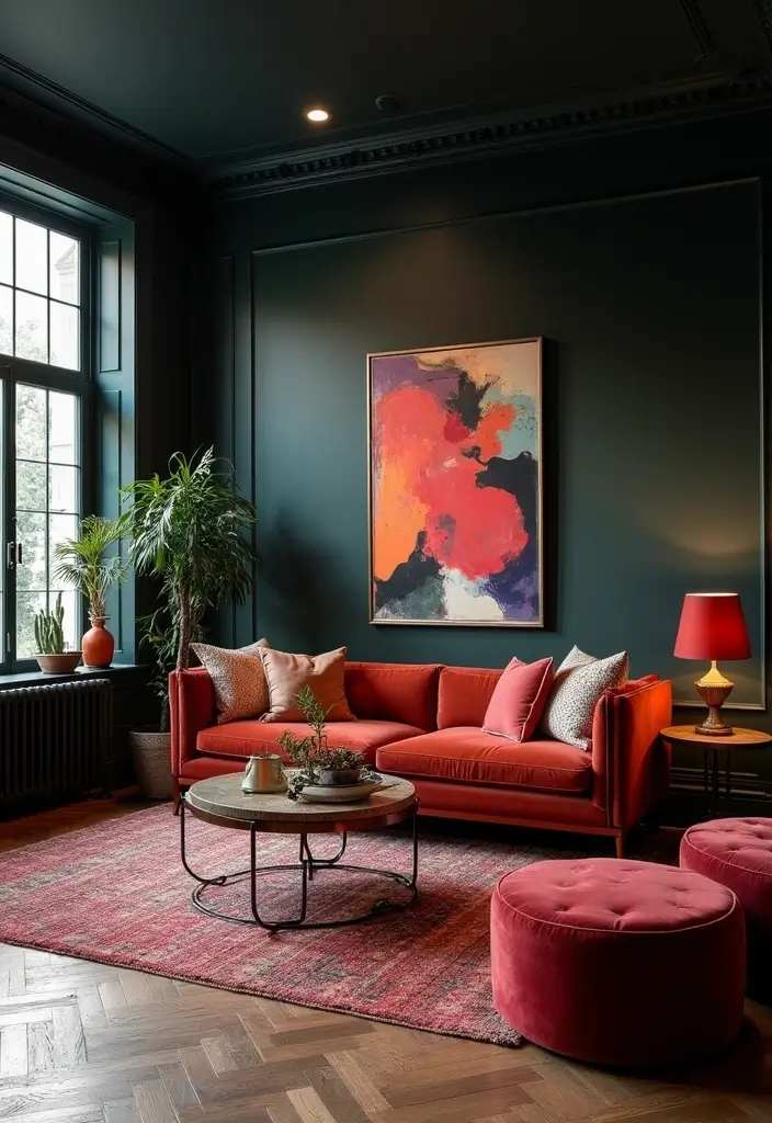 28 Moody Eclectic Living Room Ideas That Blend Dark and Artsy Vibes - 2. Bold Color Palettes