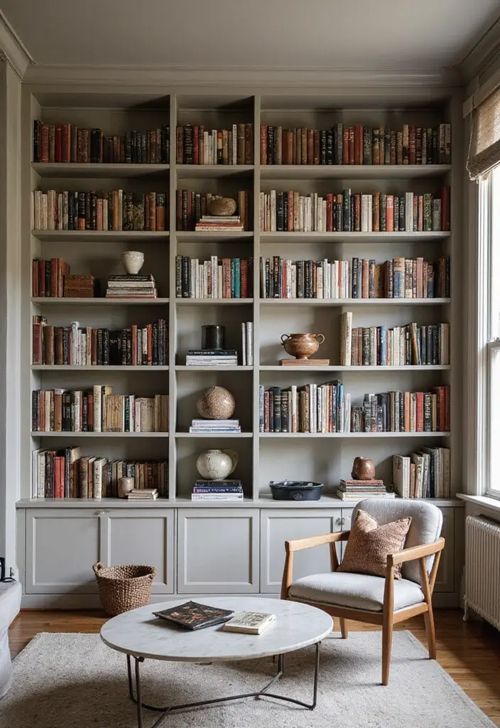 28 Moody Eclectic Living Room Ideas That Blend Dark and Artsy Vibes - 20. Curated Bookshelves