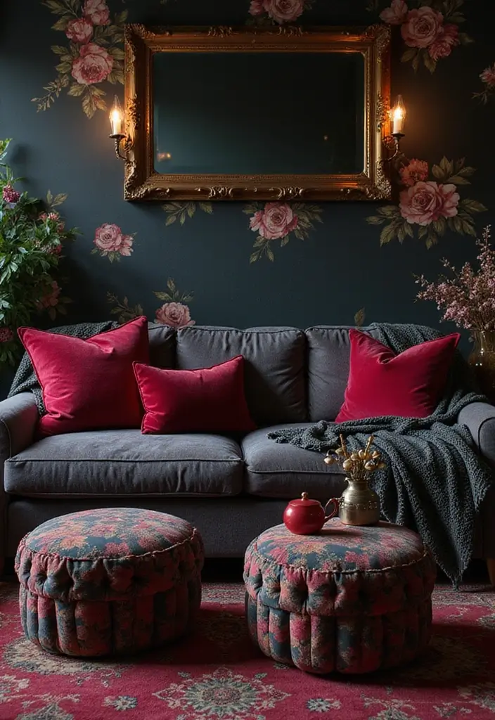 28 Moody Eclectic Living Room Ideas That Blend Dark and Artsy Vibes - 21. Darkly Romantic Accents