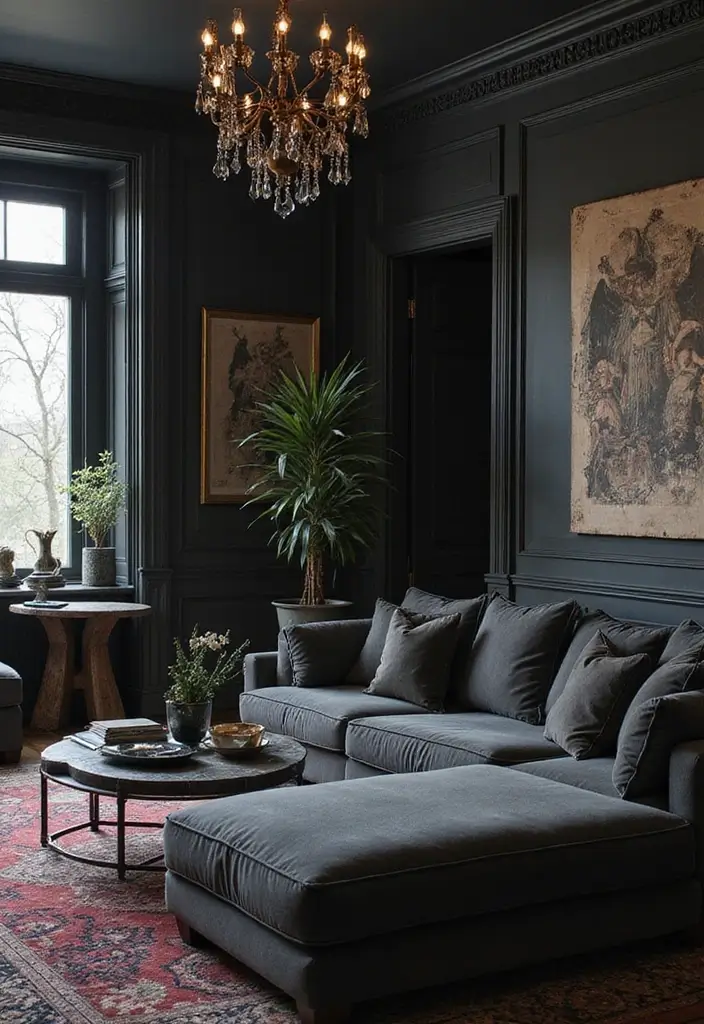 28 Moody Eclectic Living Room Ideas That Blend Dark and Artsy Vibes - 22. Modern Gothic Elements