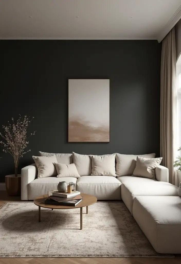 28 Moody Eclectic Living Room Ideas That Blend Dark and Artsy Vibes - 23. Soft Neutrals to Balance Dark Colors