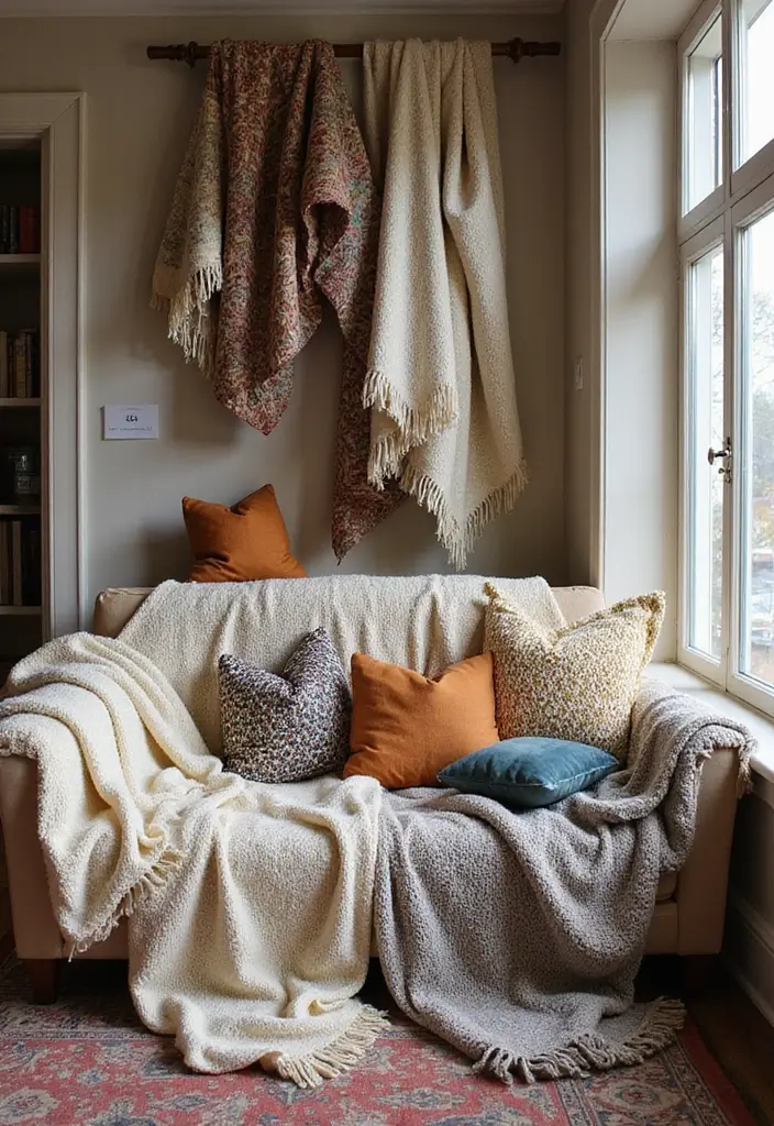 28 Moody Eclectic Living Room Ideas That Blend Dark and Artsy Vibes - 24. Artful Textile Arrangements