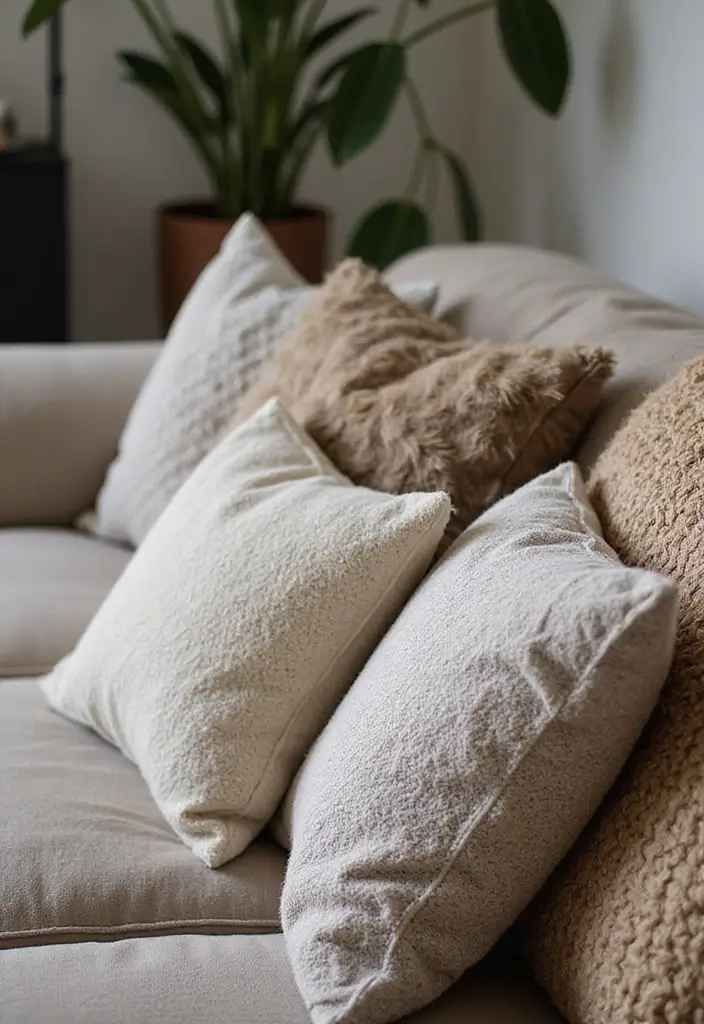 28 Moody Eclectic Living Room Ideas That Blend Dark and Artsy Vibes - 27. Textured Pillows for Comfort