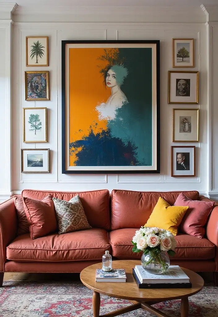 28 Moody Eclectic Living Room Ideas That Blend Dark and Artsy Vibes - 3. Statement Art Pieces