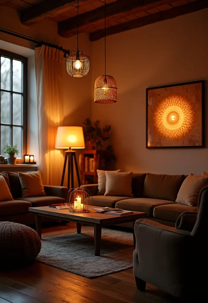 28 Moody Eclectic Living Room Ideas That Blend Dark and Artsy Vibes - 4. Cozy Lighting Options