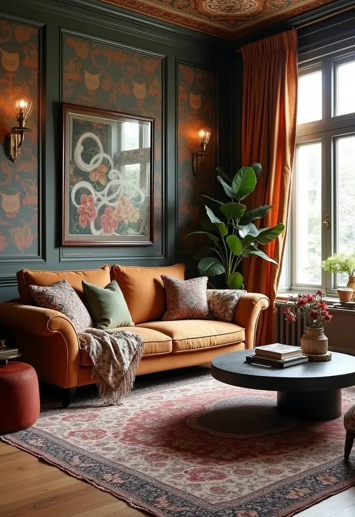 28 Moody Eclectic Living Room Ideas That Blend Dark and Artsy Vibes - 6. Rich Patterns and Graphics