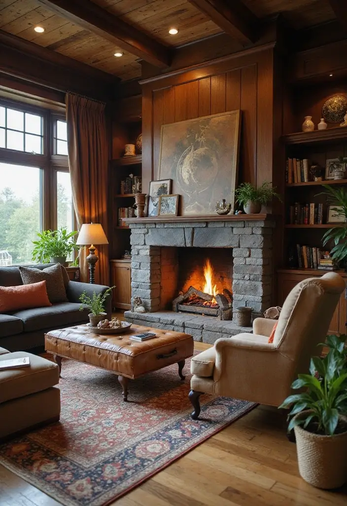 28 Moody Eclectic Living Room Ideas That Blend Dark and Artsy Vibes - 8. Dark Wood Accents