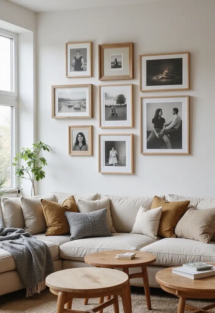 28 Painting Living Room Ideas That Instantly Refresh Your Walls - 22. Artistic Photo Wall