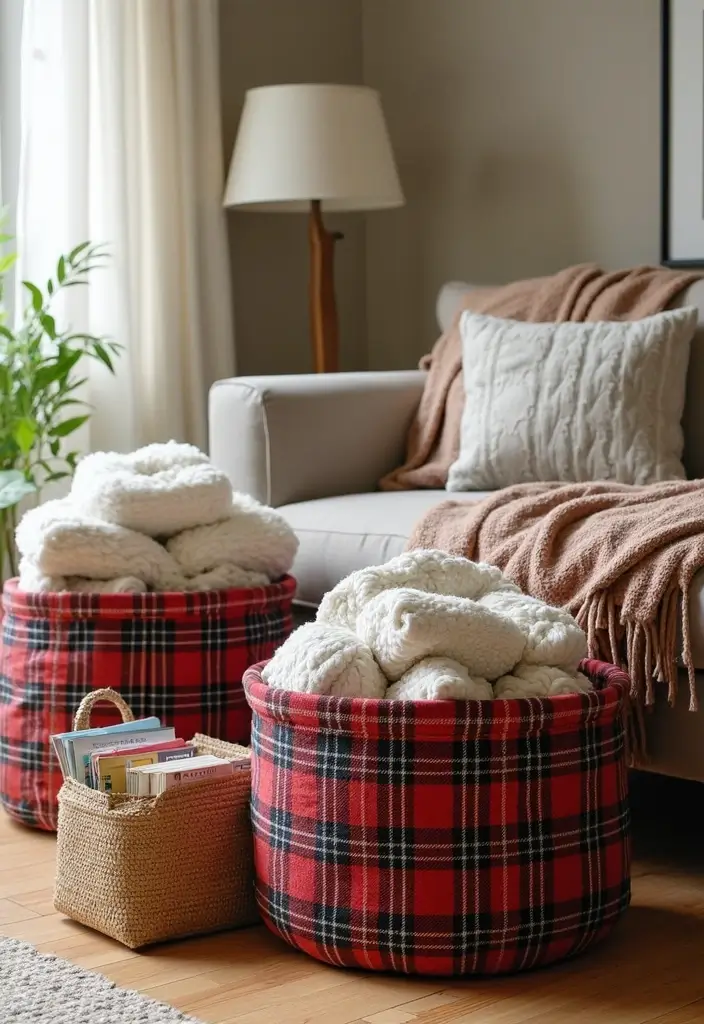 28 Plaid Living Room Ideas That Feel Rustic and Cozy - 15. Plaid Storage Baskets