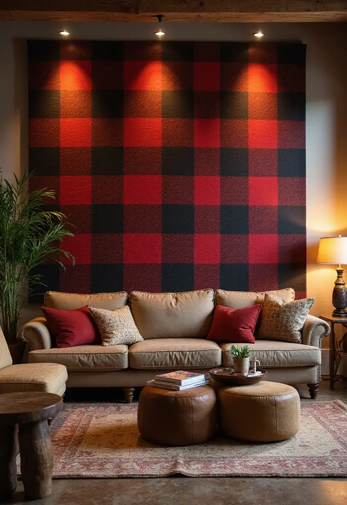 28 Plaid Living Room Ideas That Feel Rustic and Cozy - 16. Plaid Accent Walls