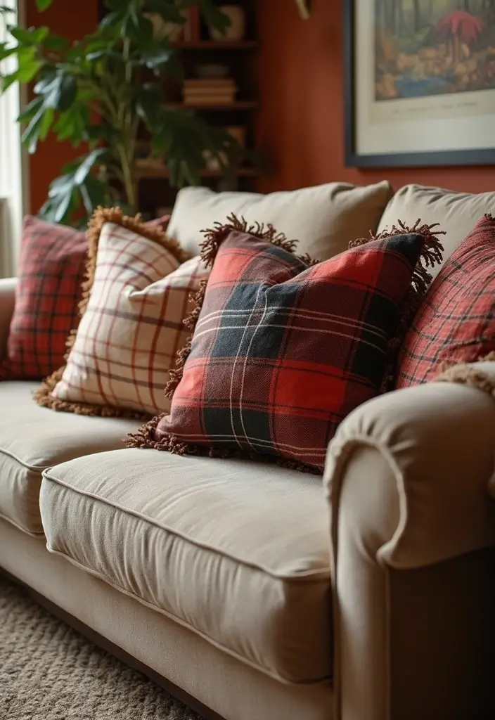 28 Plaid Living Room Ideas That Feel Rustic and Cozy - 17. Plaid Decorative Pillows with Fringe
