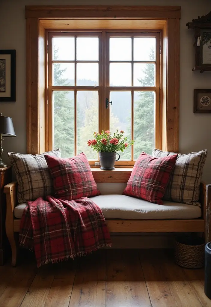 28 Plaid Living Room Ideas That Feel Rustic and Cozy - 18. Plaid Window Seats