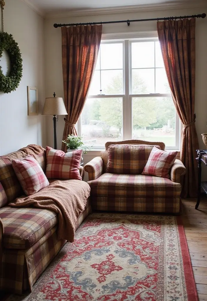 28 Plaid Living Room Ideas That Feel Rustic and Cozy - 19. Plaid in Farmhouse Style