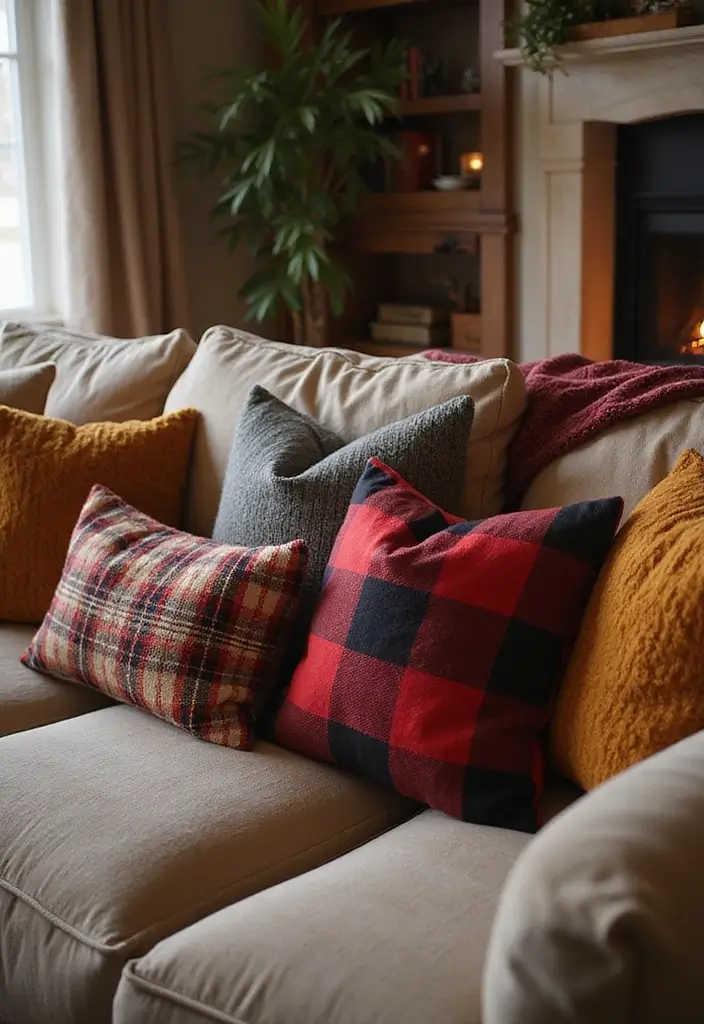 28 Plaid Living Room Ideas That Feel Rustic and Cozy - 2. Plaid Throw Pillows