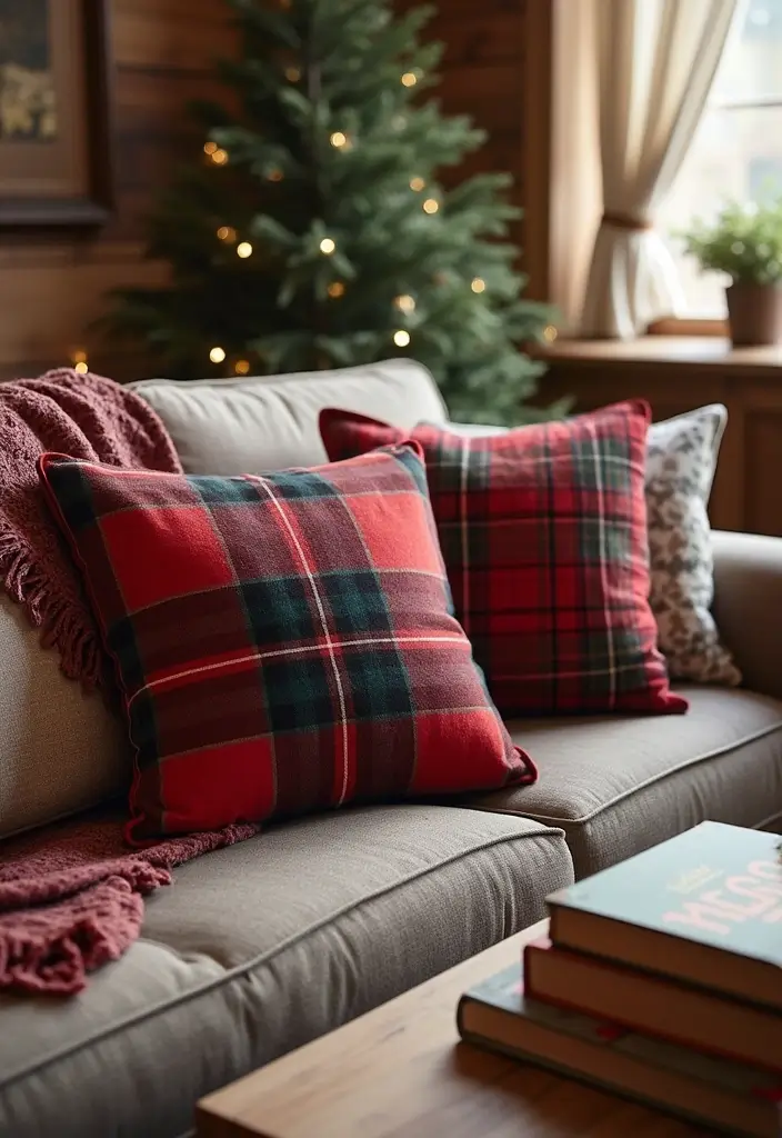 28 Plaid Living Room Ideas That Feel Rustic and Cozy - 20. Plaid Decor Accents