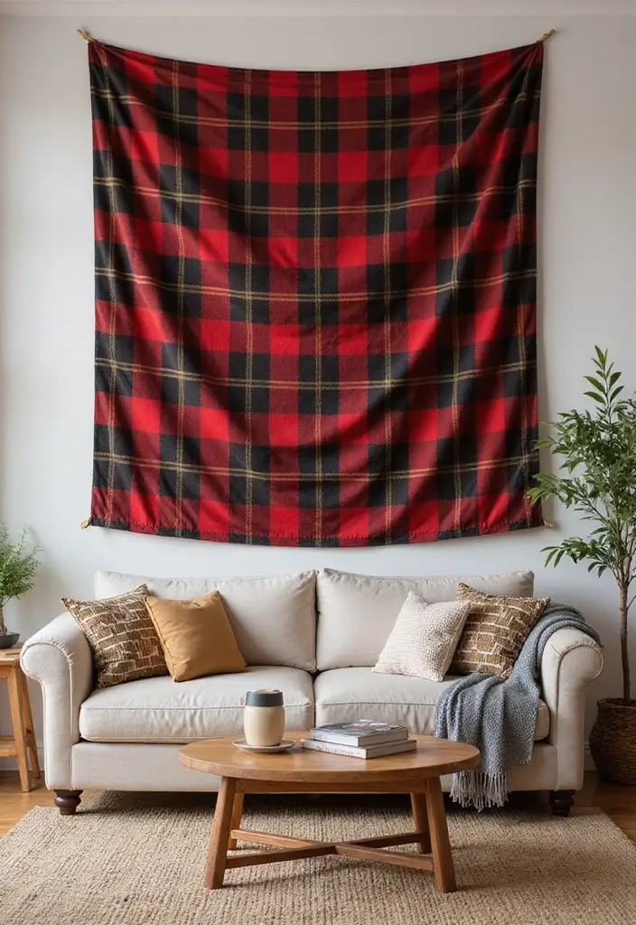 28 Plaid Living Room Ideas That Feel Rustic and Cozy - 22. Plaid Decorative Tapestry