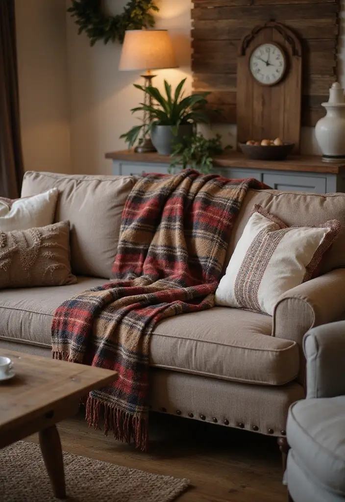 28 Plaid Living Room Ideas That Feel Rustic and Cozy - 23. Plaid Furniture Throws