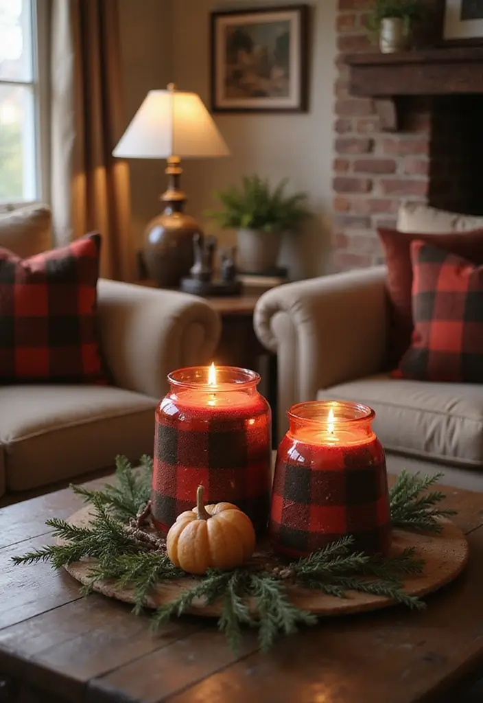 28 Plaid Living Room Ideas That Feel Rustic and Cozy - 24. Plaid Candle Holders
