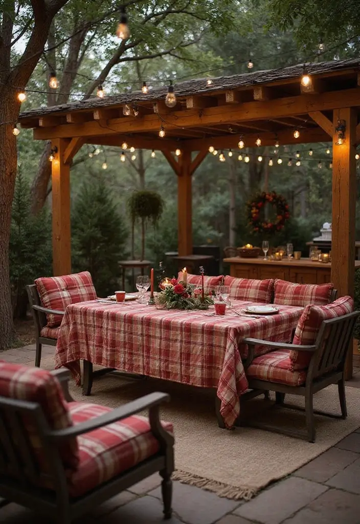 28 Plaid Living Room Ideas That Feel Rustic and Cozy - 25. Plaid Outdoor Living Spaces