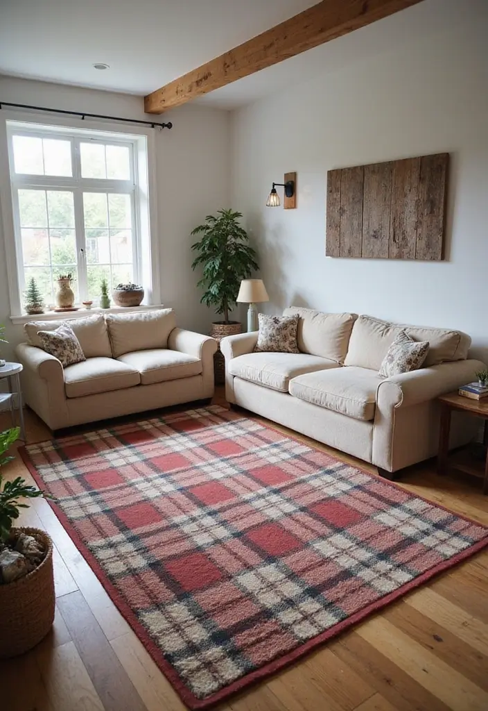28 Plaid Living Room Ideas That Feel Rustic and Cozy - 3. Plaid Area Rugs