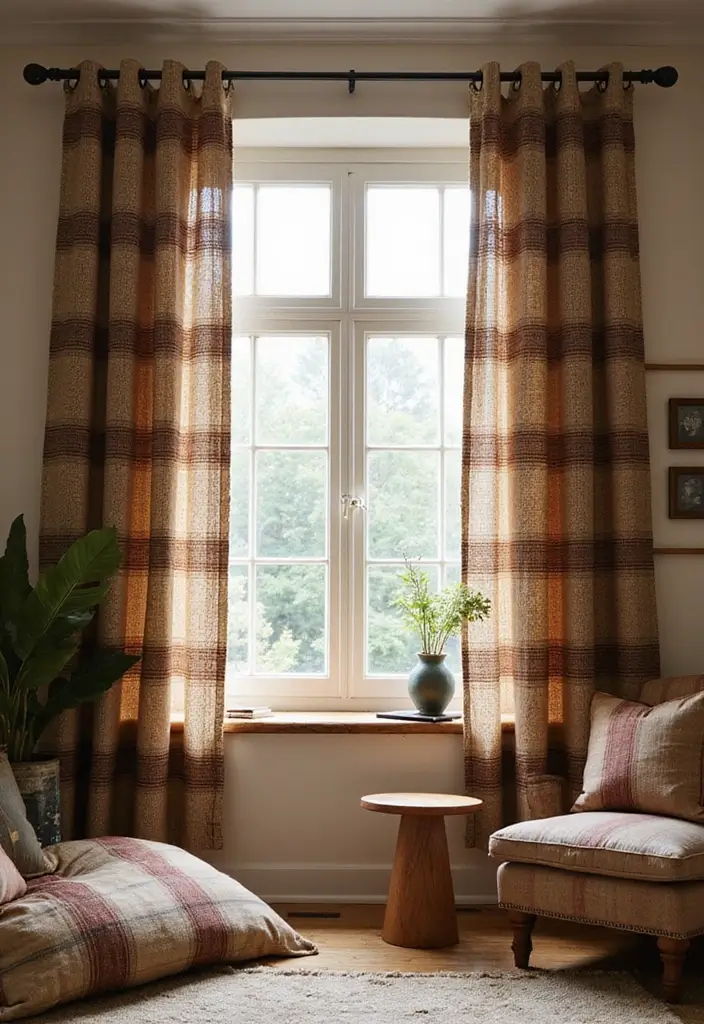 28 Plaid Living Room Ideas That Feel Rustic and Cozy - 5. Plaid Curtains
