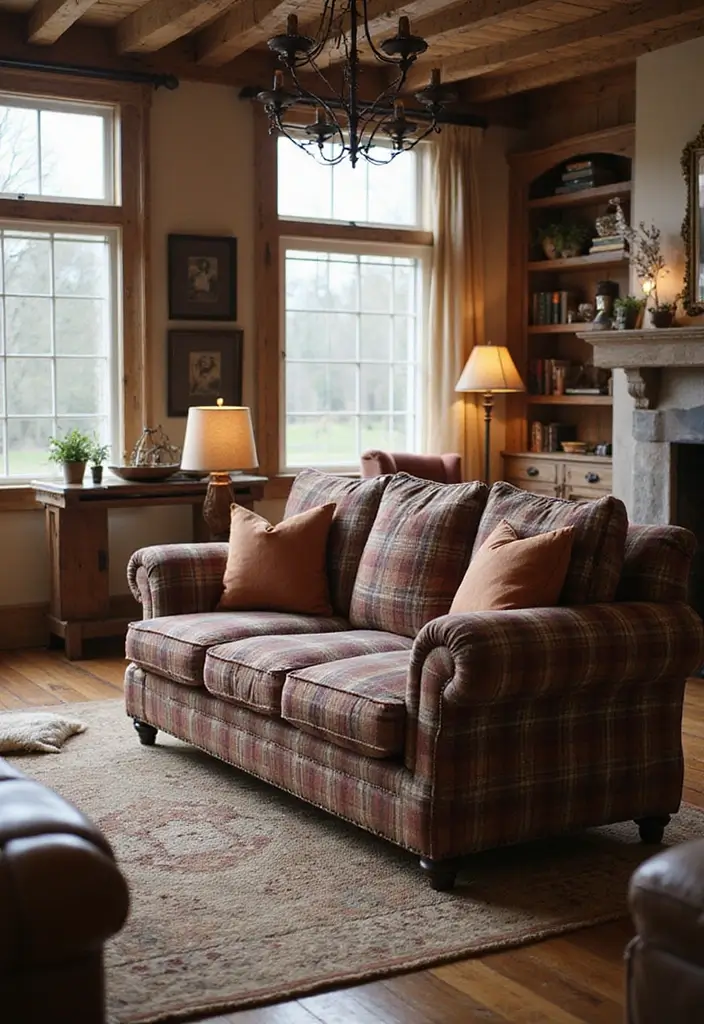 28 Plaid Living Room Ideas That Feel Rustic and Cozy - 7. Plaid Upholstered Furniture