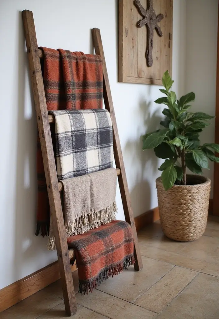 28 Plaid Living Room Ideas That Feel Rustic and Cozy - 9. Plaid Throw Blankets on Decorative Ladders