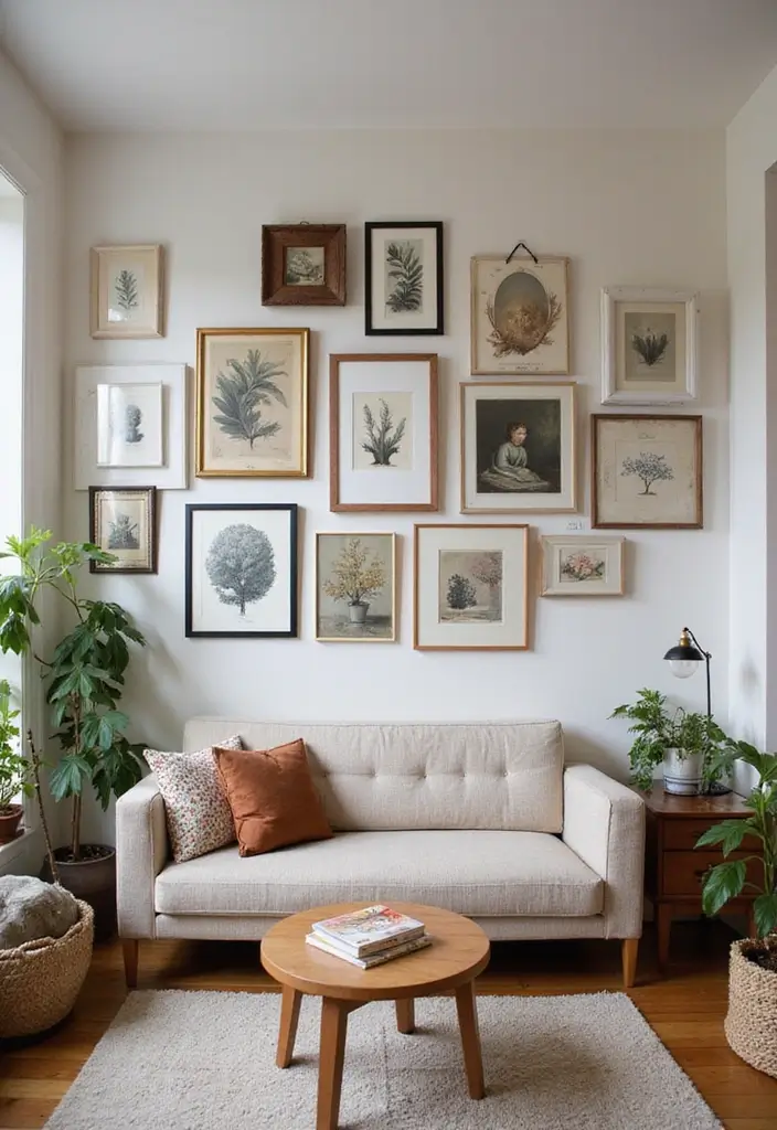 28 Shabby Chic Living Room Ideas That Feel Soft and Vintage - 13. Curate a Gallery Wall