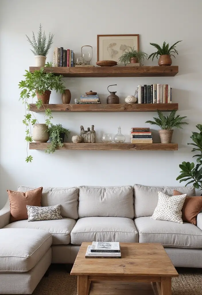 28 Shabby Chic Living Room Ideas That Feel Soft and Vintage - 18. Use Floating Shelves