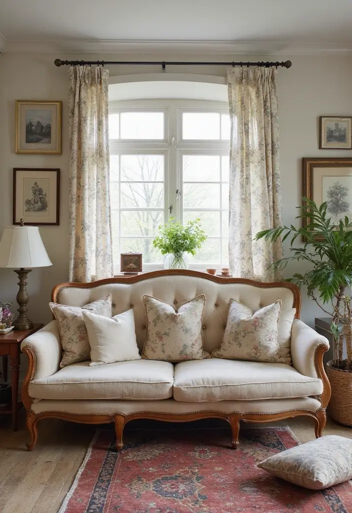 28 Shabby Chic Living Room Ideas That Feel Soft and Vintage - 22. Feature a Vintage Sofa