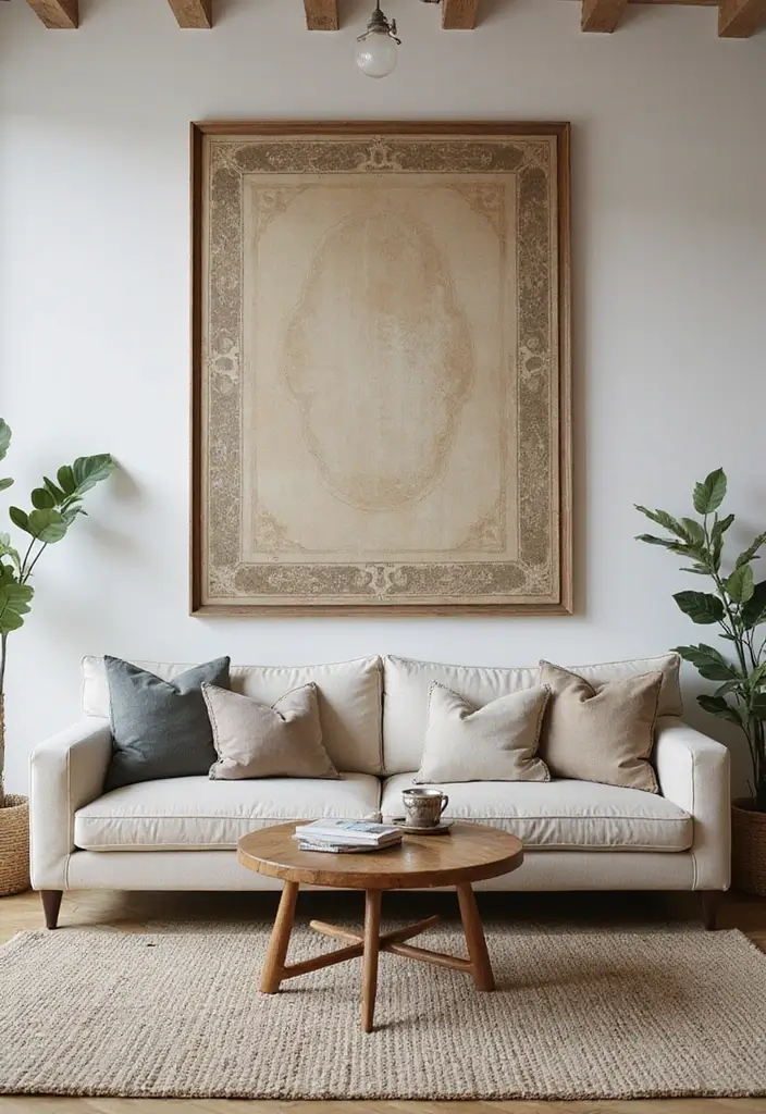 28 Shabby Chic Living Room Ideas That Feel Soft and Vintage - 23. Use Statement Art Pieces