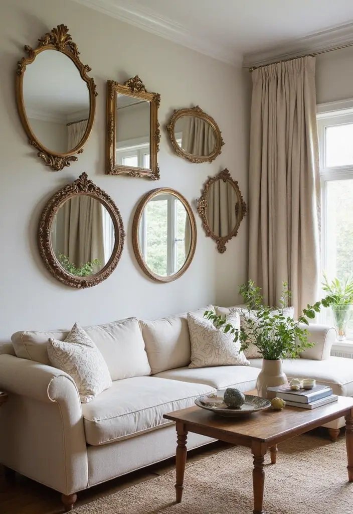 28 Shabby Chic Living Room Ideas That Feel Soft and Vintage - 24. Incorporate Vintage Mirrors