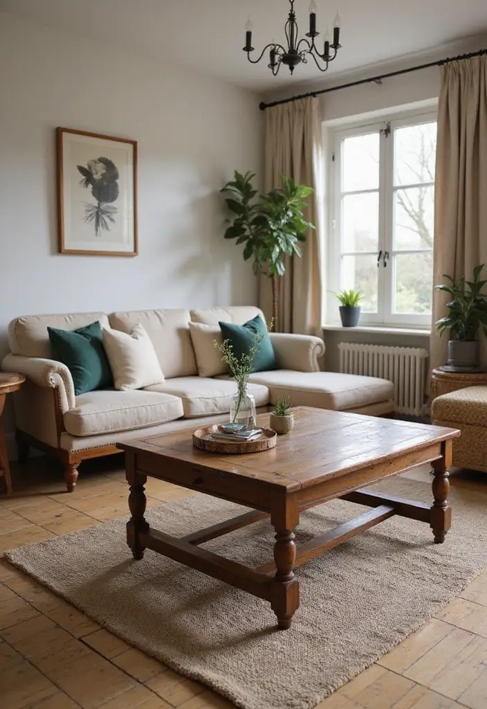 28 Shabby Chic Living Room Ideas That Feel Soft and Vintage - 25. Opt for a Vintage Coffee Table