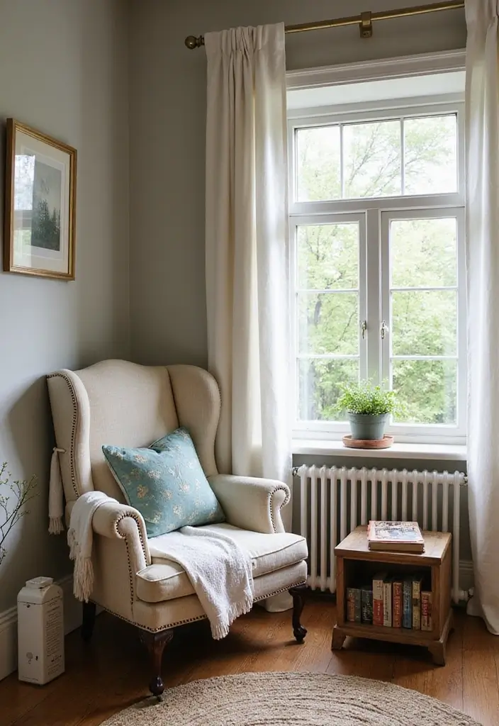 28 Shabby Chic Living Room Ideas That Feel Soft and Vintage - 9. Create a Cozy Reading Nook