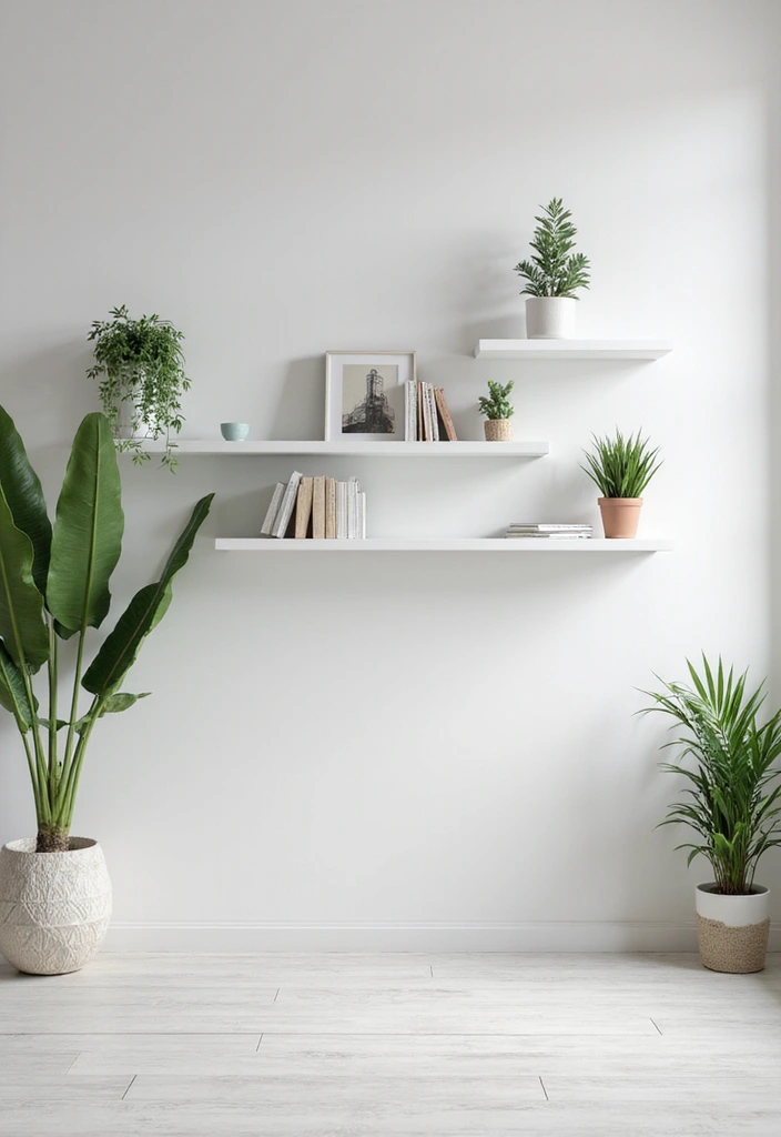 28 Staggered Floating Shelves Living Room Ideas That Add Visual Interest - 1. Minimalist White Shelves for a Crisp Look