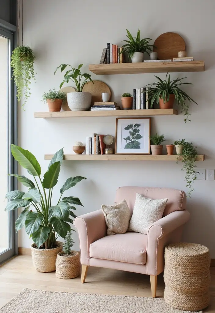 28 Staggered Floating Shelves Living Room Ideas That Add Visual Interest - 10. Layered Floating Shelves for Dynamic Visuals