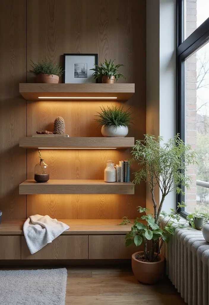 28 Staggered Floating Shelves Living Room Ideas That Add Visual Interest - 11. Shelves with Integrated Lighting