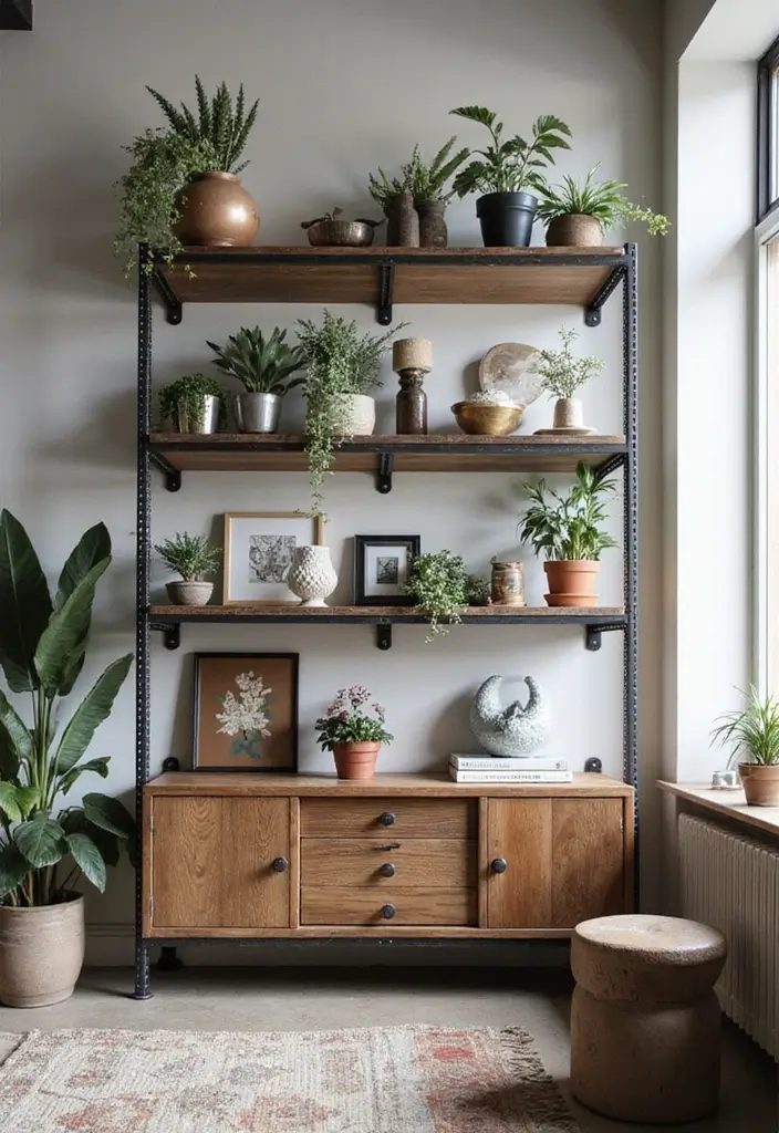28 Staggered Floating Shelves Living Room Ideas That Add Visual Interest - 12. Industrial-Style Floating Shelves