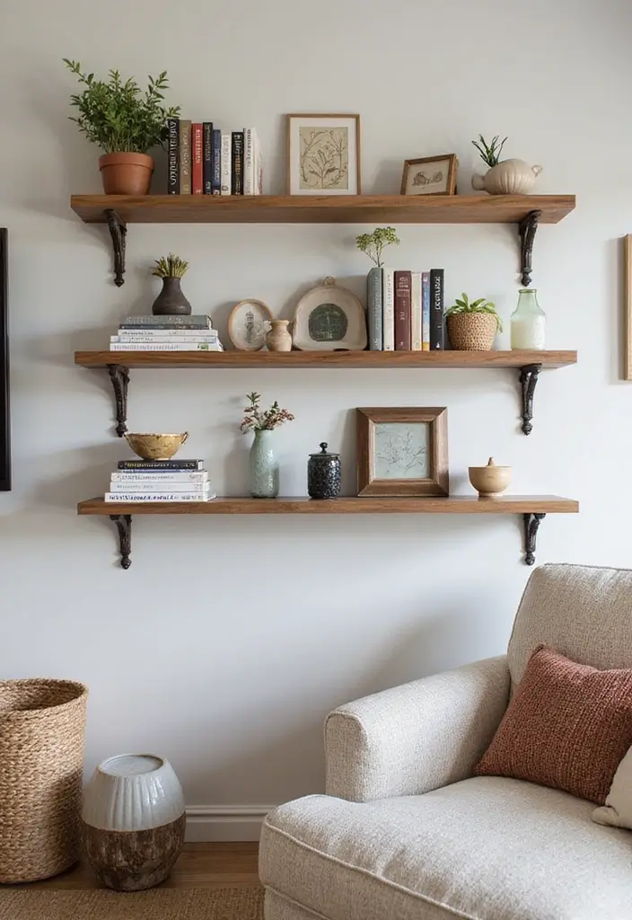 28 Staggered Floating Shelves Living Room Ideas That Add Visual Interest - 13. Floating Shelves with Decorative Brackets