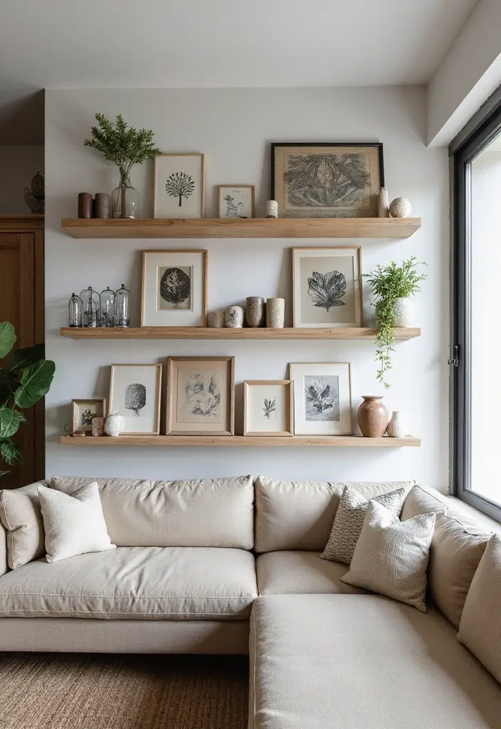 28 Staggered Floating Shelves Living Room Ideas That Add Visual Interest - 14. Floating Shelves with Artwork Displays