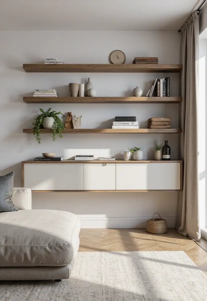 28 Staggered Floating Shelves Living Room Ideas That Add Visual Interest - 15. Shelves with Built-In Storage Options