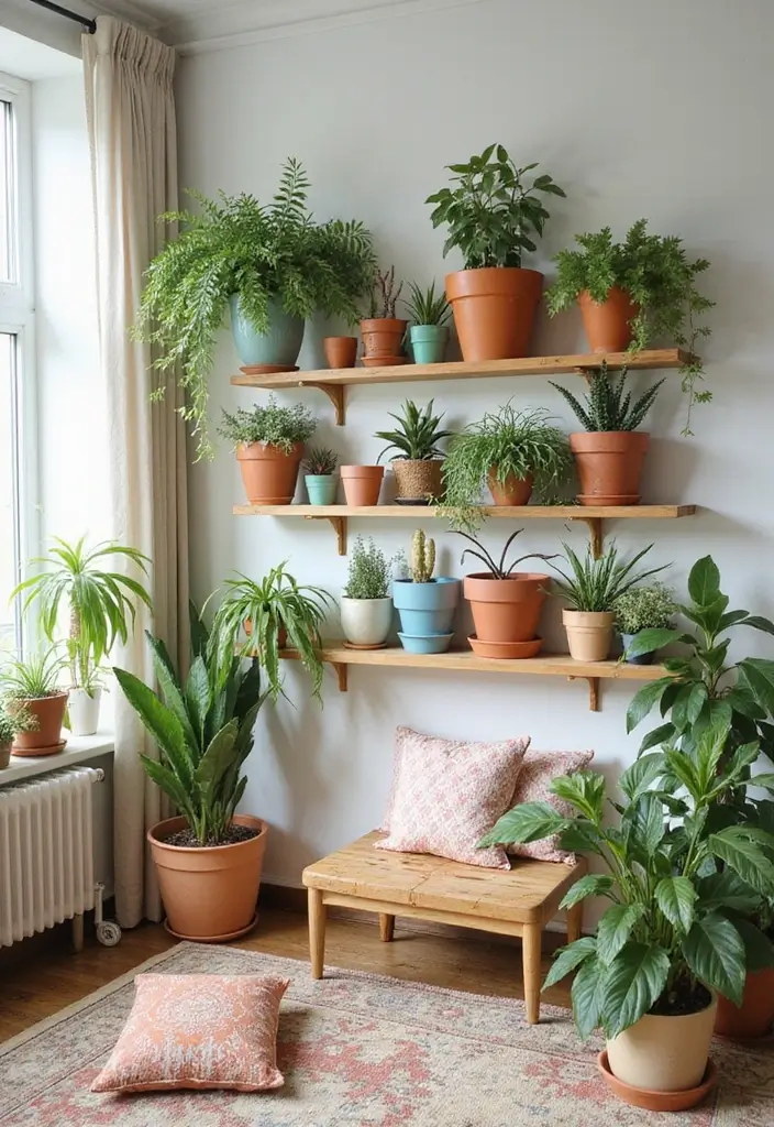 28 Staggered Floating Shelves Living Room Ideas That Add Visual Interest - 16. Floating Shelves with Plants for a Lush Vibe