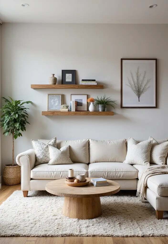 28 Staggered Floating Shelves Living Room Ideas That Add Visual Interest - 17. Combining Shelves with Wall Art