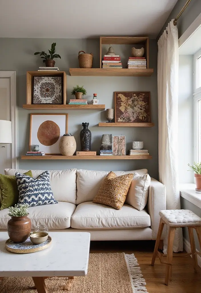 28 Staggered Floating Shelves Living Room Ideas That Add Visual Interest - 18. Bold Patterns with Floating Shelves