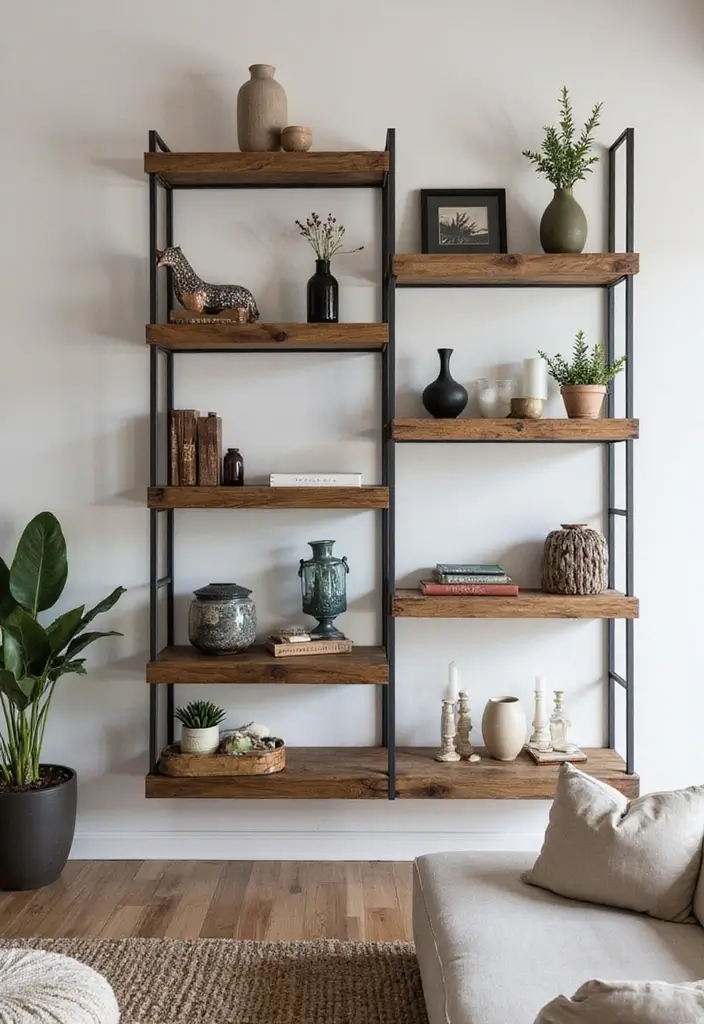 28 Staggered Floating Shelves Living Room Ideas That Add Visual Interest - 19. Mixed Material Shelves for Texture