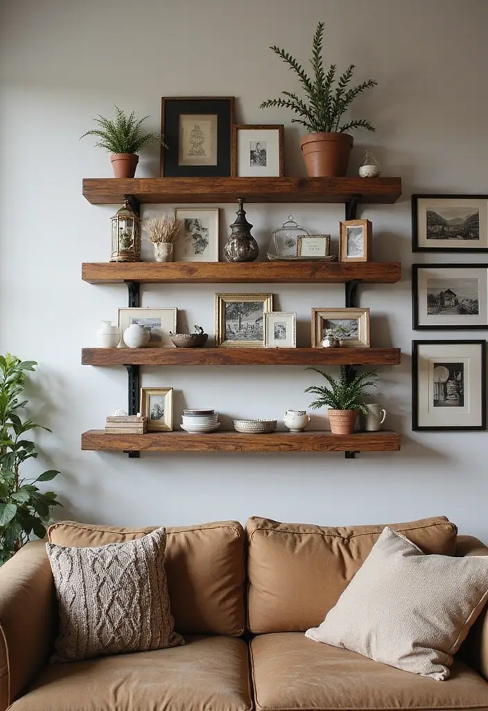 28 Staggered Floating Shelves Living Room Ideas That Add Visual Interest - 2. Rustic Wood Shelves for Warmth