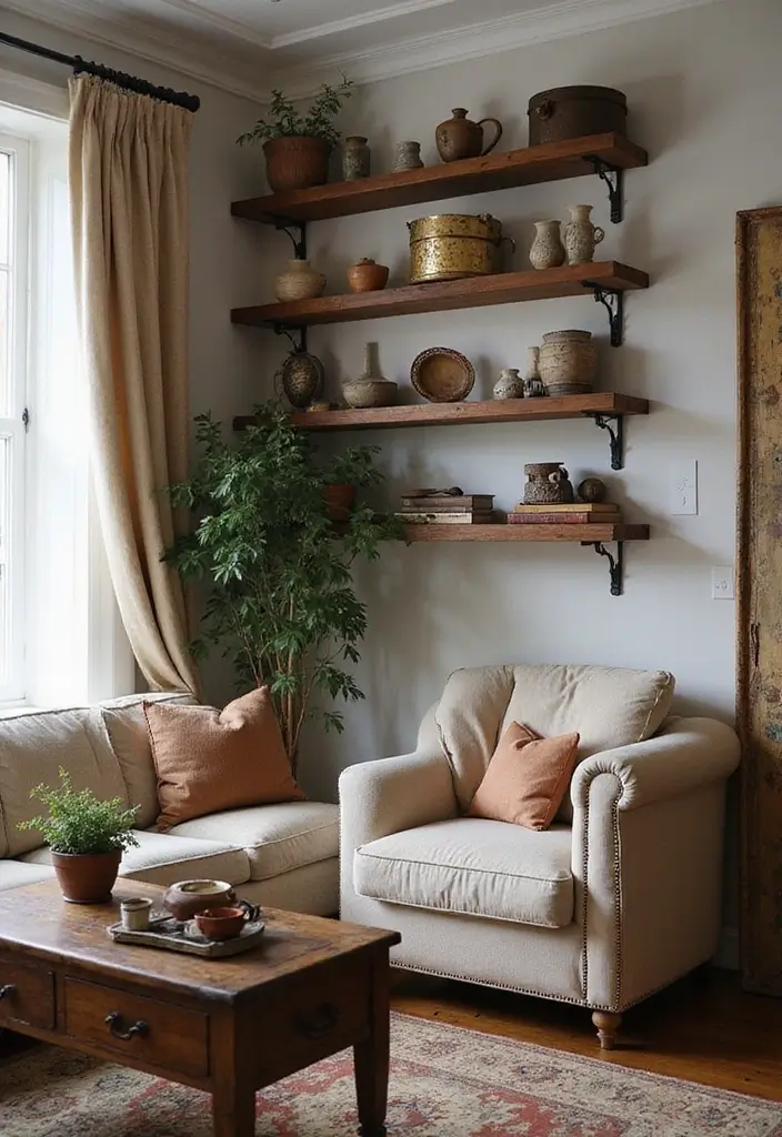 28 Staggered Floating Shelves Living Room Ideas That Add Visual Interest - 20. Vintage Floating Shelves for Classic Charm